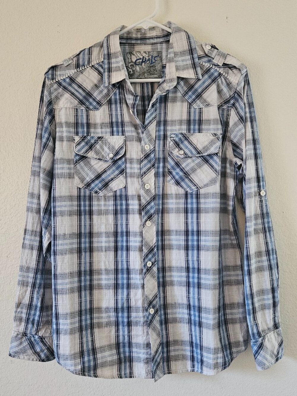 NWOT Chals Men's S Long Sleeve Button Up Plaid Blue White Pearl Snap Western